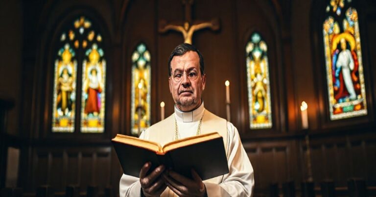 Katolicki książ w tradycyjnych szatach liturgicznych trzyma otwartą Biblię w ciemnym koście z drewnym krzyżem i witrażem przedstawiającym Chrystusa Króla.