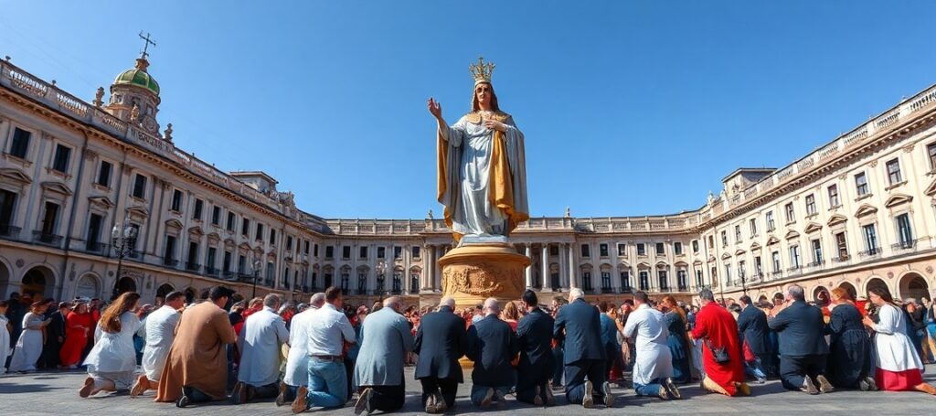 Procesja katolicka w Madrycie przed statuą Chrystusa Króla, symbolizująca prawdziwą wiarę w kontrast z nowoczesnym humanizmem.