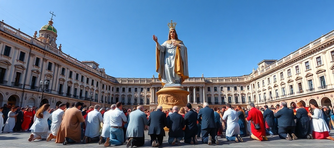 Procesja katolicka w Madrycie przed statuą Chrystusa Króla, symbolizująca prawdziwą wiarę w kontrast z nowoczesnym humanizmem.