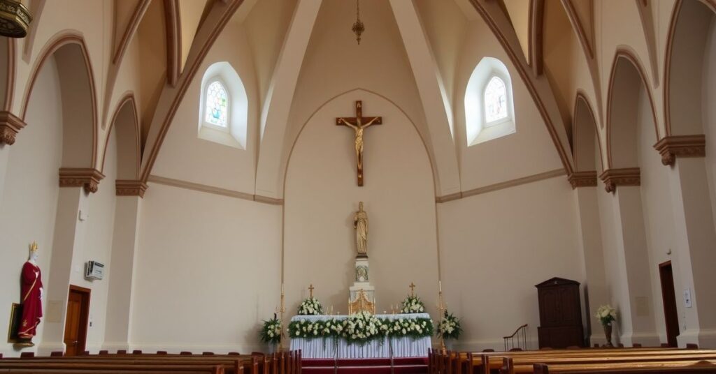 Stary kościół katolicki z witrażami przedstawiającymi Chrystusa Króla. Tło to sztandar z napisem 'Chrystus jest Królem' i dokumenty prawnicze o rytmie dni i nocy.