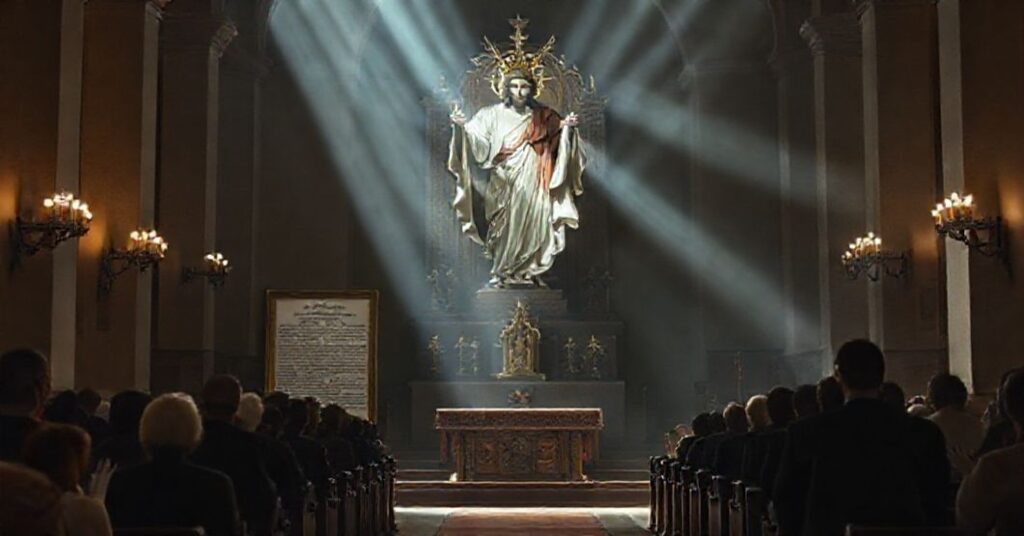 Tradycyjna rzeźba Chrystusa Króla w kościele katolickim otoczona wiernymi modlącymi się. Scena podkreśla odrzucenie modernistycznej herezji opisanej w artykule o. Wacława Oszajcy SJ.