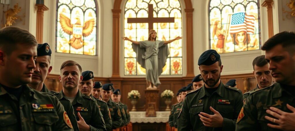Obraz przedstawiający wnętrze kościoła katolickiego z rzeźbą Chrystusa Króla otoczonego modlącymi się żołnierzami polskimi. Scena podkreśla duchową refleksję w obliczu kryzysu geopolitycznego.