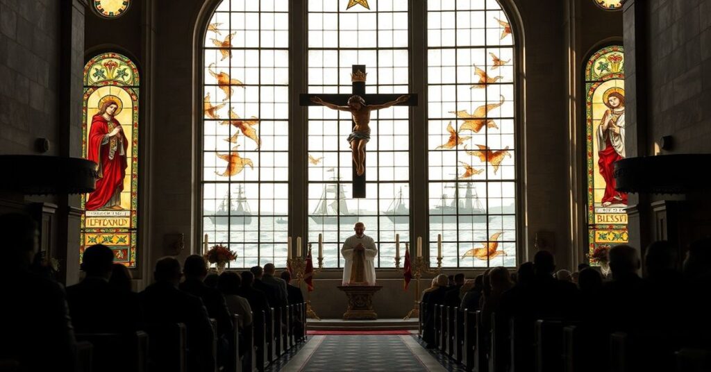 Wnęka kościelna z wielkim krzyżem w centrum, otoczona witrażami przedstawiającymi Chrystusa Króla w regalii królewskich. Wierni klęczą w modlitwie obok kapłana w tradycyjnych szatach liturgicznych trzymającego monstrancję. Na tle widoczne są okręty wojskowe w Cieśninie Ormuz.