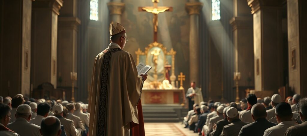 Biskup w tradycyjnych szatach liturgicznych przed ołtarzem z krzyżem Chrystusa Króla, otoczony modlącymi się wiernymi. Tło przedstawia zniekształconą postać uzurpatora Leona XIV.