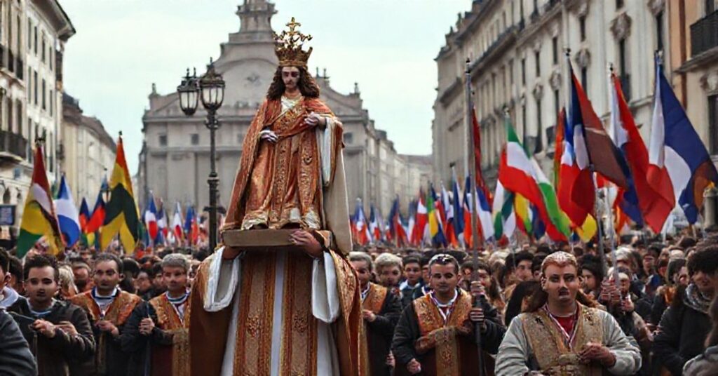 Pielgrzymka katolicka z figurą Chrystusa Króla w europejskim mieście, podkreślająca potrzebę uznania Jego władzy nad społeczeństwem