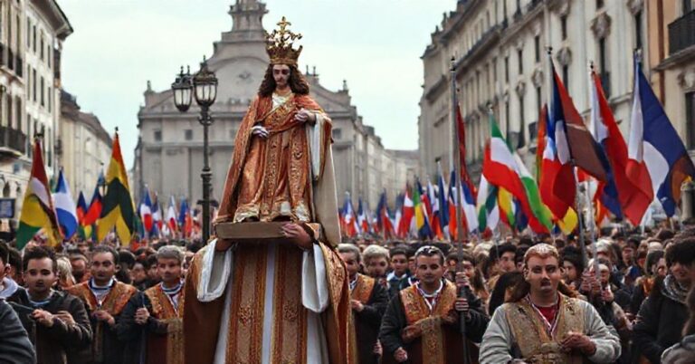 Pielgrzymka katolicka z figurą Chrystusa Króla w europejskim mieście, podkreślająca potrzebę uznania Jego władzy nad społeczeństwem