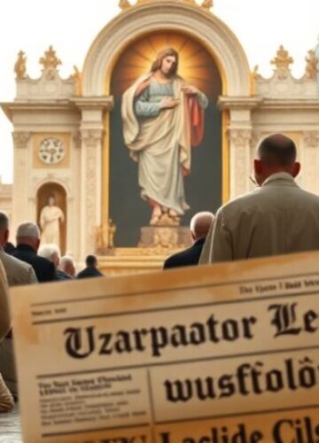 Chrystus Król - prawdziwy fundament wspólnego dobra Grupa wiernych i biskupów w tradycyjnych szatach modli się przed obrazem Chrystusa Króla w średniowiecznym kościele. Na pierwszym planie widoczna jest gazeta z tytułem 'Uzurpator Leon XIV wzywa do wspólnego dobra', co podkreśla kontrast między fałszywymi naukami a prawdziwą katolicką doktryną.