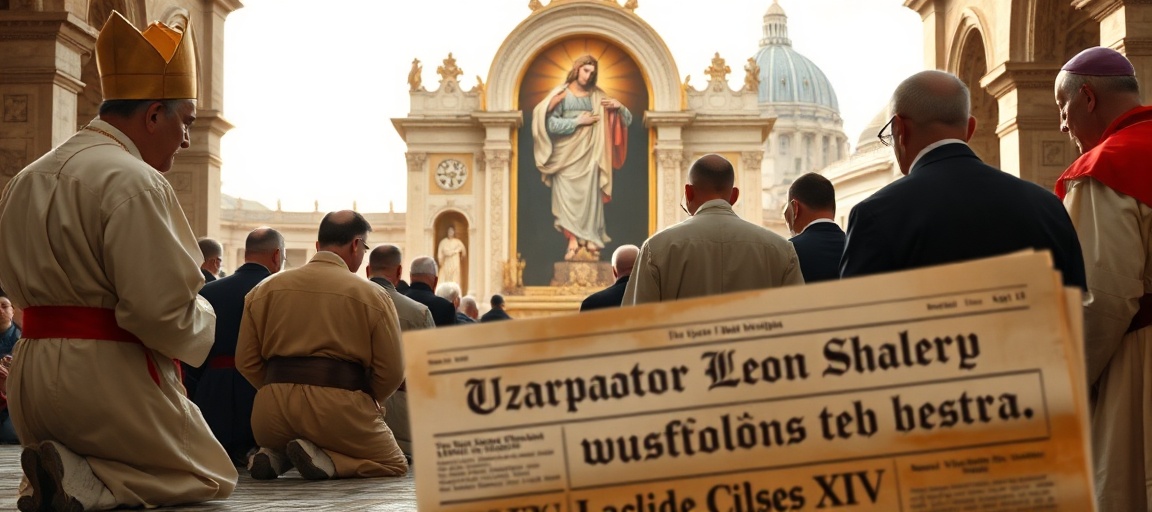 Chrystus Król - prawdziwy fundament wspólnego dobra Grupa wiernych i biskupów w tradycyjnych szatach modli się przed obrazem Chrystusa Króla w średniowiecznym kościele. Na pierwszym planie widoczna jest gazeta z tytułem 'Uzurpator Leon XIV wzywa do wspólnego dobra', co podkreśla kontrast między fałszywymi naukami a prawdziwą katolicką doktryną.