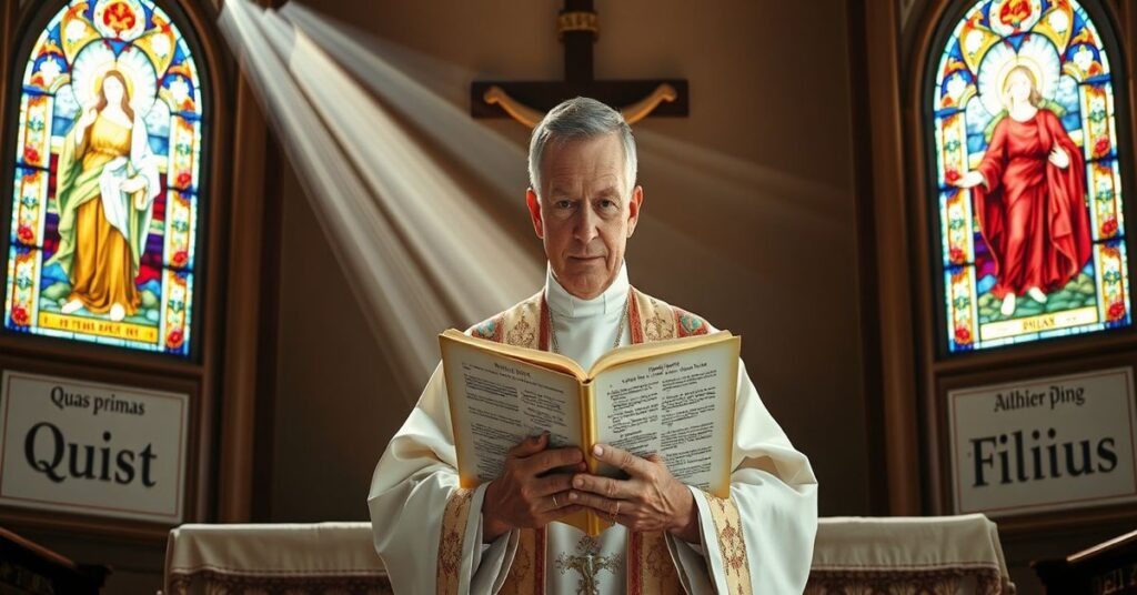 Tradycyjny ksiądz katolicki w ornacie przed ołtarzem z krucyfiksem symbolizującym Chrystusa Króla.