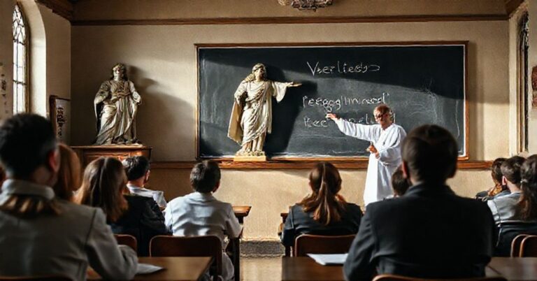 Pomnik Chrystusa Króla w tradycyjnym klasie szkolnej z uczniami słuchającymi starannie i nauczycielem wskazującym na tablicę z hasłami „Prawda” i „Królestwo Chrystusa”