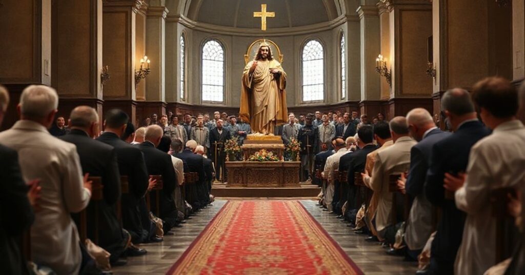 Wierni modłący przed statuą Chrystusa Krola w tradycyjnym koście, symbolizując Jego boski autorytet nad ziemską siłą.