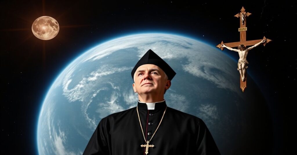 Tradycyjny katolicycki kapłan w ornacie z beretem trzyma krzyż przed kosmicznym tłem z Ziemią i Księżycem, symbolizując panowanie Chrystusa Króla nad stworzeniem