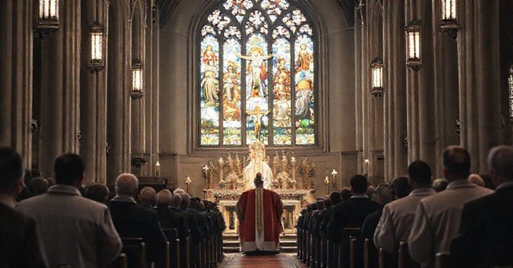 Wnętrze tradycyjnego kościoła katolickiego podczas uroczystości Chrystusa Króla. Na pierwszym planie ksiądz w pełnym ornaty stoi przy ołtarzu z krzyżem, za nim klerycy klękają w modlitwie.