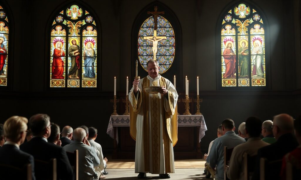 Biskup katolicki w tradycyjnych szatach liturgicznych trzyma monstrancję z Najświętszym Sakramentem w świątyni z witrażami przedstawiającymi Chrystusa Króla.