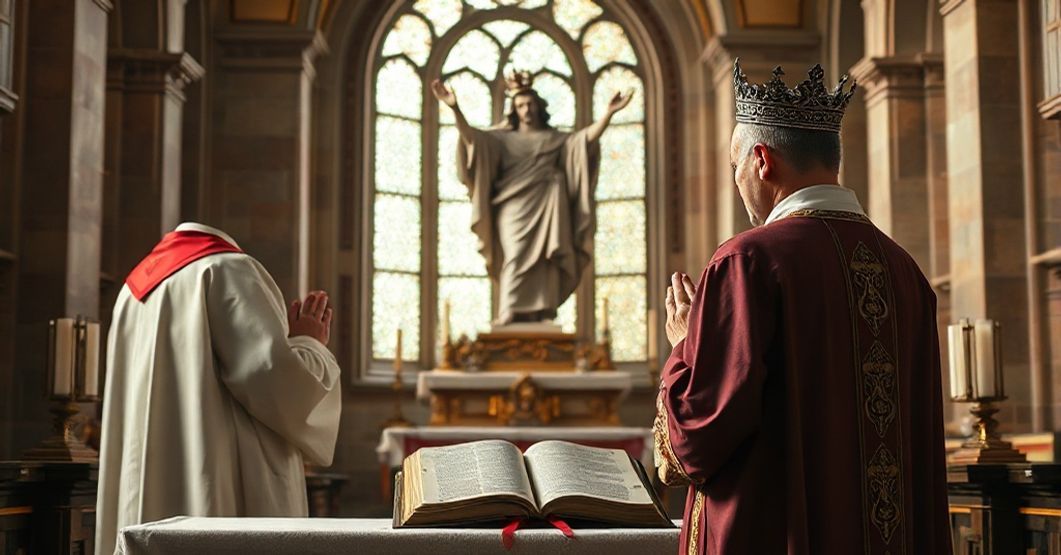 Kaplica katolicka z księdzem modlącym się przed rzeźbą Chrystusa Króla przy otwartym Biblii