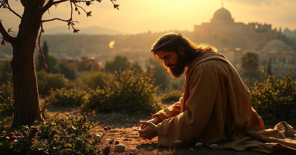 Rzeźbiona postać Chrystusa w Ogrojcu z koroną cierniową modląca się w świetle boskim.