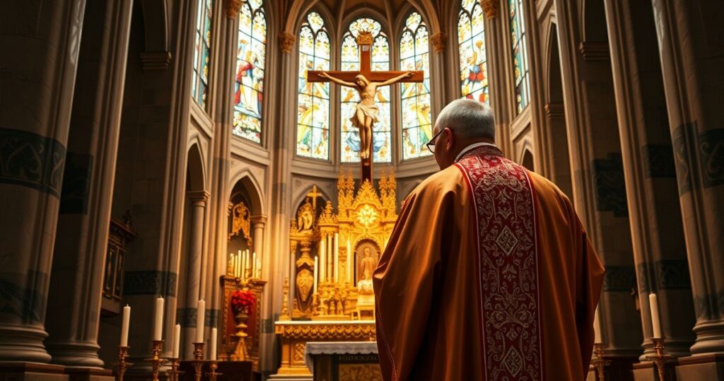 Rewerentny obraz katolickiego kapłana w świątyni, symbolizujący boski tron Chrystusa Króla nad narodami, z głębokim szacunkiem i refleksją religijną
