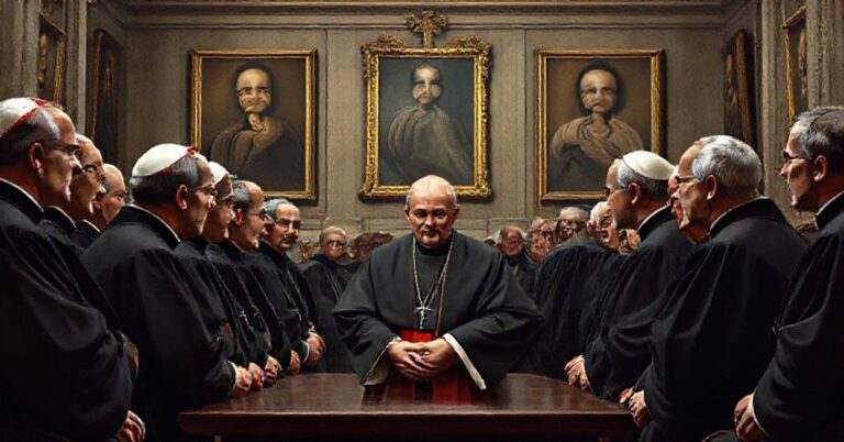 Grupa kapłanów w sutannach spotyka się z antybiskupem w Watykanie, z portretami kardynała Augusta Hlonda na tle. Scena symbolizuje zdradę misji chrześcijańskiej przez modernistycznych duchownych.