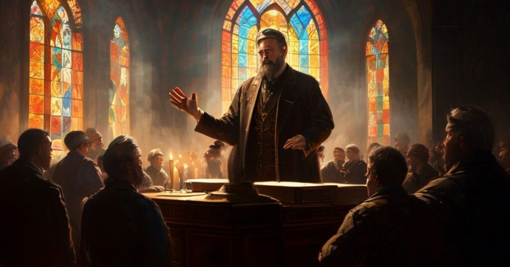 Portret „bp” Roberta Chrząszcza podczas przemówienia do kolejarzy w Pałacu Arcybiskupów Krakowskich, z akcentem na brak odniesienia do królestwa Chrystusa.