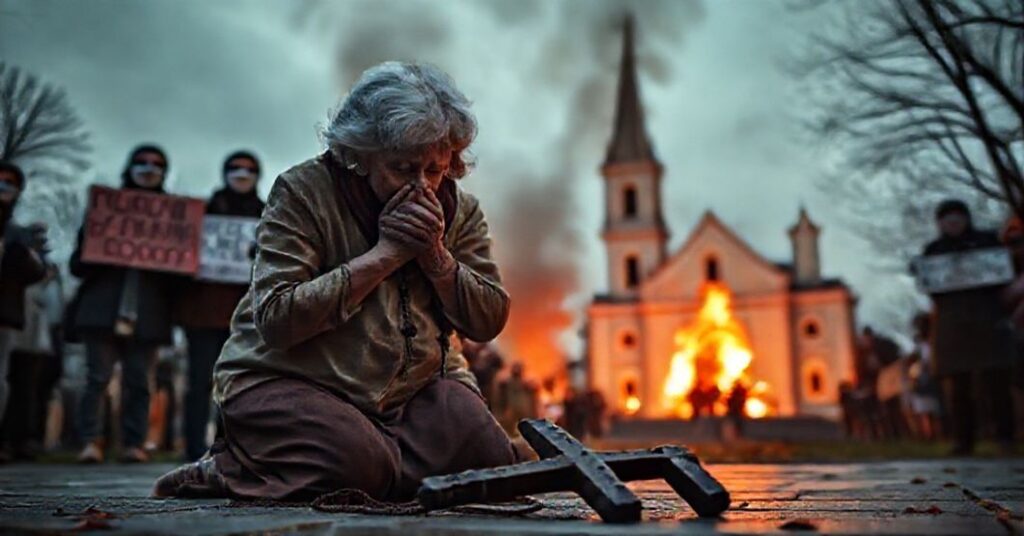 Obraz przedstawiający palący się kościół katolicki na tle protestujących antychrześcijańskich demonstrantów. Na pierwszym planie staruszka modli się z różańcem w ręku.