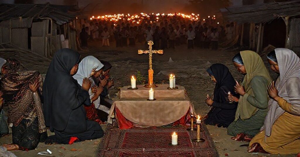 Chrześcijańscy Rohindżowie modlący się przed krzyżem w niszczejącej wojnie wiosce w Mjanmie.