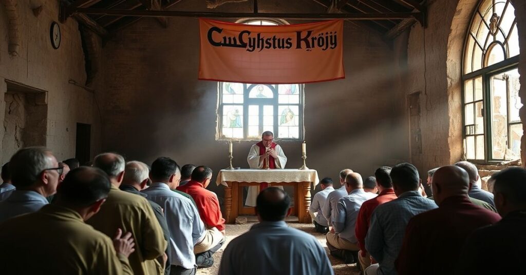 Grupa chrześcijan w Libanie modli się przed ruinami kościoła podczas tradycyjnej mszy w stylu łacińskim.