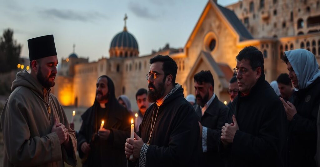 Grupa chrześcijańskich pielgrzymów modląca się obok Kościoła Narodzenia Pańskiego w Betlejem, symbolizując cierpienie i wiarę chrześcijan w Świętej Ziemi.