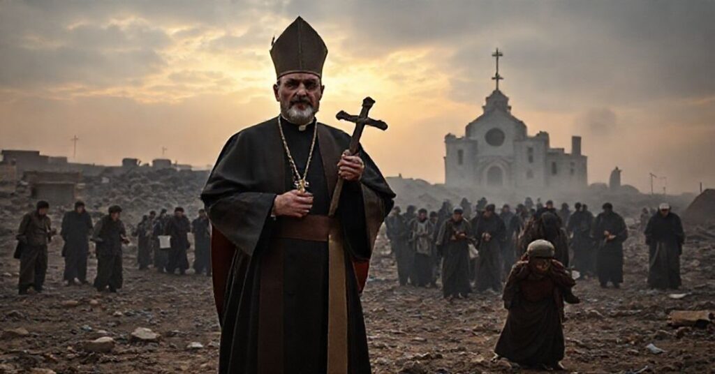 Scena opuszczania Syrii przez chrześcijan z ruinami kościoła na tle i tradycyjnym księdzem w przodzie.