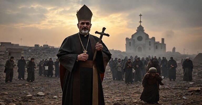 Scena opuszczania Syrii przez chrześcijan z ruinami kościoła na tle i tradycyjnym księdzem w przodzie.