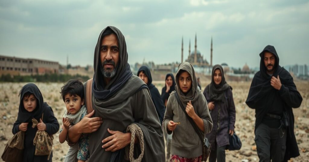 Grupa chrześcijan pochodzenia wschodniego uciekające przed wojną w Iranie, z wyraźnym katolickim perspektywą tradycyjną.