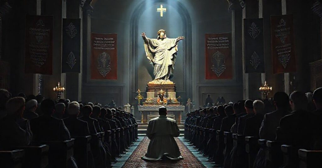 Obraz przedstawiający wiernych w tradycyjnym kościele modlący się przed figurą Chrystusa Króla, symbolizujący odrzucenie przemówienia Montiniego w ONZ i wezwanie do społecznego panowania Chrystusa.