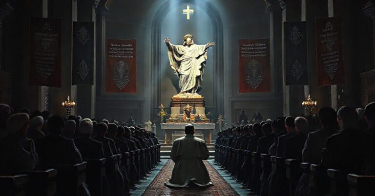 Obraz przedstawiający wiernych w tradycyjnym kościele modlący się przed figurą Chrystusa Króla, symbolizujący odrzucenie przemówienia Montiniego w ONZ i wezwanie do społecznego panowania Chrystusa.