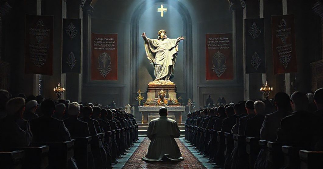 Obraz przedstawiający wiernych w tradycyjnym kościele modlący się przed figurą Chrystusa Króla, symbolizujący odrzucenie przemówienia Montiniego w ONZ i wezwanie do społecznego panowania Chrystusa.