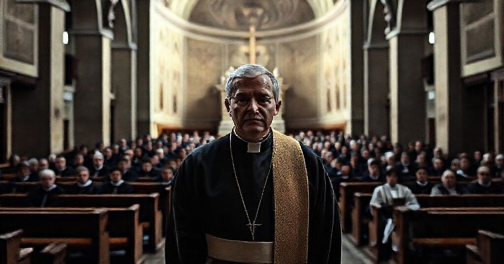 Ksiądz w tradycyjnym stroju stojący przed pustym ołtarzem w kościele z wyraźnym zmartwieniem na twarzy. W tle grupa czterdziestu „księży” w nowoczesnym stroju kapłańskim siedzi w sali konferencyjnej.