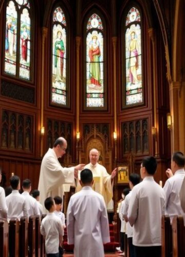 Chrzest w Hongkongu - tradycyjna katolicka msza Tradycyjna msza katolicka w Hongkongu z chrzczeniem dorosłych i dzieci przez kapłana w białych ornatach. Scena pełna szacunku z witrażami i świecami.