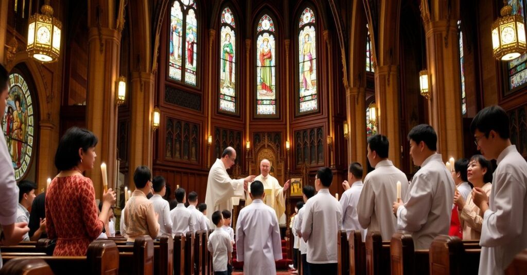 Tradycyjna msza katolicka w Hongkongu z chrzczeniem dorosłych i dzieci przez kapłana w białych ornatach. Scena pełna szacunku z witrażami i świecami.