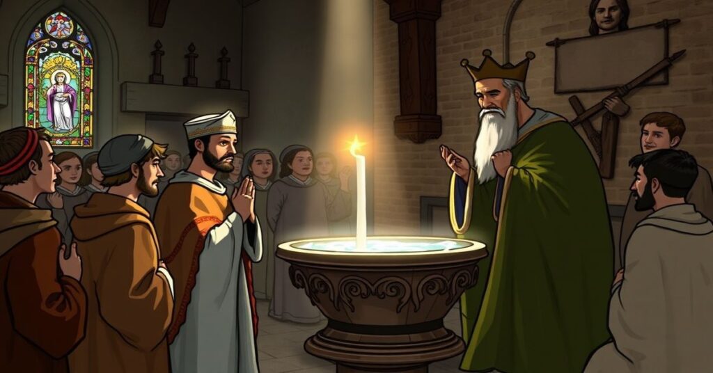 Chrzest Mieszka I w tradycyjnym katolickim kontekście przez św. Wojciecha w 966 roku