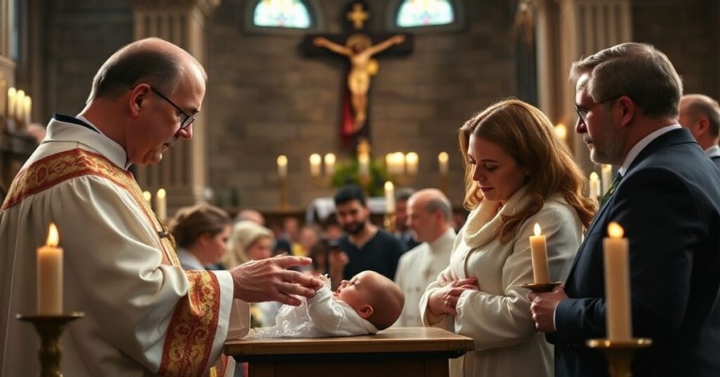 Tradycyjny chrzest niemowlaka w kościele katolickim z kapłanem w stroju łacińskim i rodzicami obserwującymi rytuał.