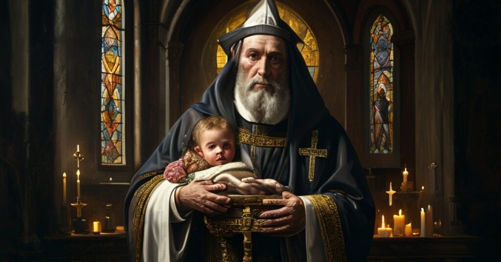 Tradycyjny katolicki ksiądz w ornacie trzyma niemowlę nad chrzcielnicą w historycznym kościele