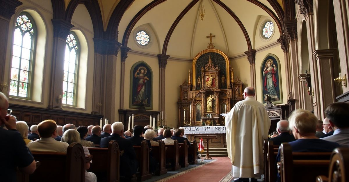 Wnętrze tradycyjnej polskiej bazyliki z wystawnym ołtarzem i duchownym w liturgicznych szatach podczas homilii o chrześcijańskim dziedzictwie Polski