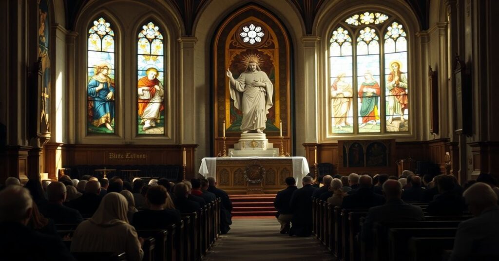 Tradycyjny wnętrze kościelne z rzeźbą Chrystusa Króla i modlącymi się wiernymi. W tle widoczny jest modernistyczny ołtarz symbolizujący herezję.