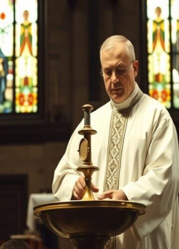 Chrzty dorosłych wobec pustki duchowej posoborowych struktur Ksatolicki kapłan w tradycyjnym habitacie przygotowuje się do chrztu dorosłego w przyciszonym kościele