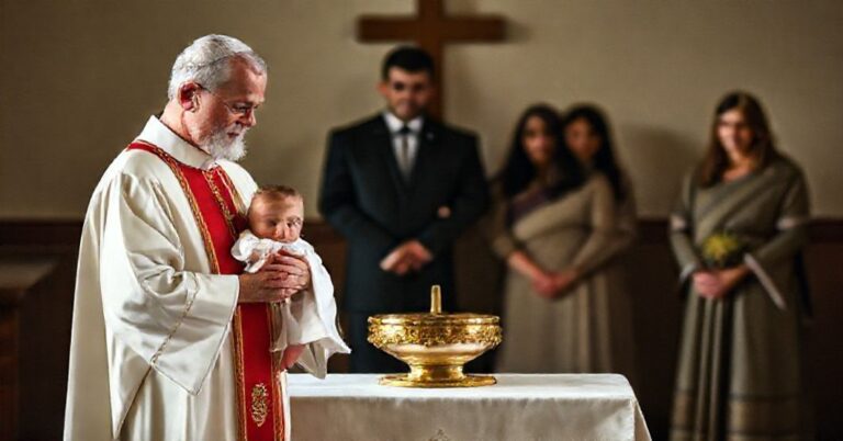 Ksiądz w tradycyjnym stroju liturgicznym trzymający dziecko przy chrzcie przed ołtarzem z fontanną chrzcielną.