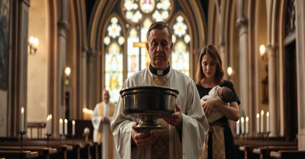 Ksiądz katolicki w tradycyjnych szatach sakralnych trzyma chrzcielnicę w kościele, podczas gdy parę z dzieckiem obserwuje go. Scena przedstawia moralny dylemat chrztu dzieci poczętych metodą in vitro.