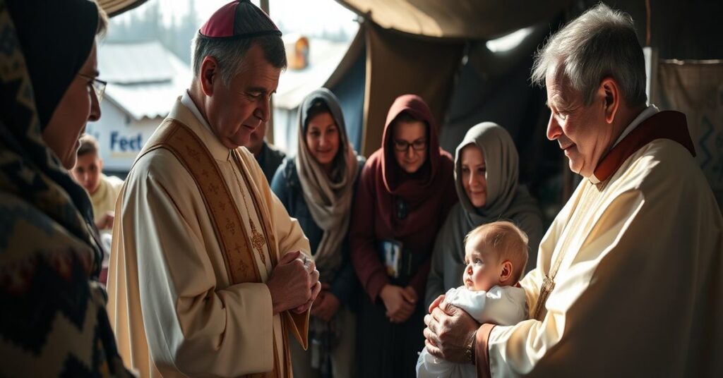 Ksiądz katolicki udziela chrztu dziecku uchodźcy ukraińskiego w tymczasowym kościele, symbolizując nadzieję duchową w czasie wojny