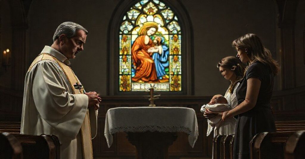 Kapliczka z kapłanem w ornaty przygotowującym się do chrztu dziecka poczętego metodą in vitro.