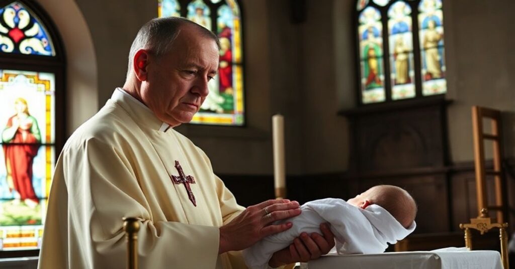Ksiądz w tradycyjnym ornacie chrztu niemowlaka w starym irlandzkim kościele z witrażem przedstawiającym chrzest Chrystusa na tle.