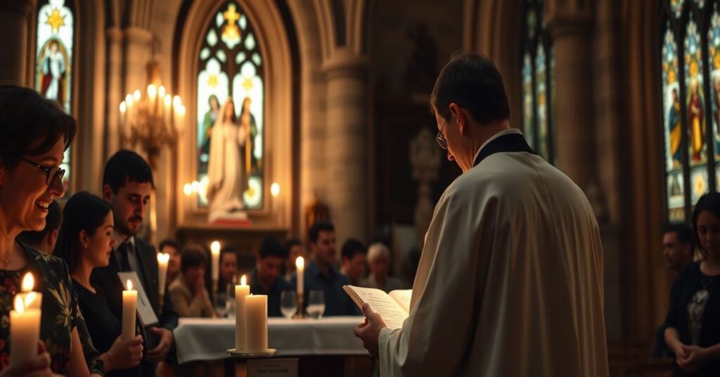 Tradycyjna katolicka uroczystość chrzcielna w starożytnym kościele we Francji