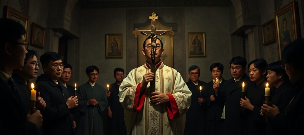 Katolicki ksiądz w tradycyjnych szatach liturgicznych prowadzi tajną Mszę Świętą w podziemnym kościele w Chinach.