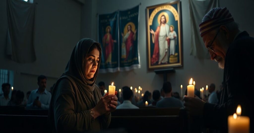 Ciemna modlitwa w kościele pakistańskim - rodzina Imrana Rehmansa modli się przed obrazem Chrystusa Króla